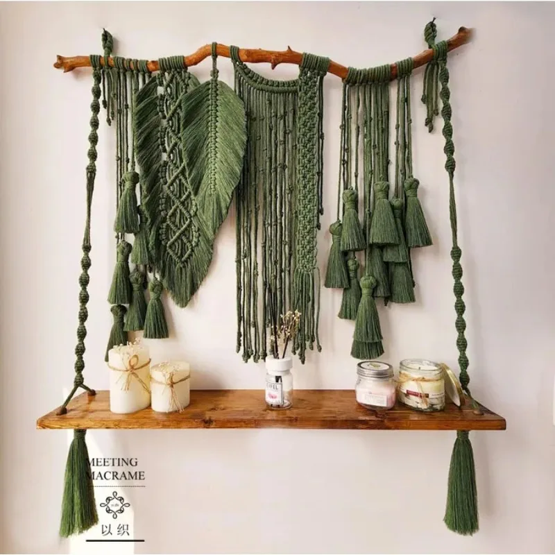 

Bohemian Macrame Hanging Shelf, Handmade Plant Hanger Rack, Wall-Mounted Organizer, Decorative Balcony Storage Display
