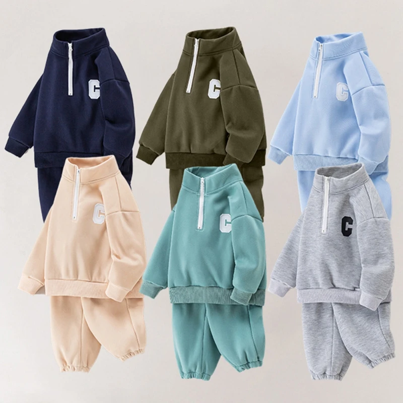 2 Pcs Boys Clothing Solid Letter Pattern Sweatshirt Sweatpant Set Girls Classic Casual Outfits Baby Kids Cozy Tracksuit Homewear