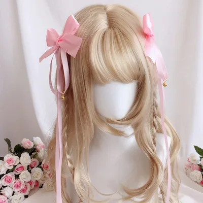 Lolita Long Ribbon Hair Accessories, Arco e Bell Hairpin, Doce e Adorável, cocar, Cosplay, Anime