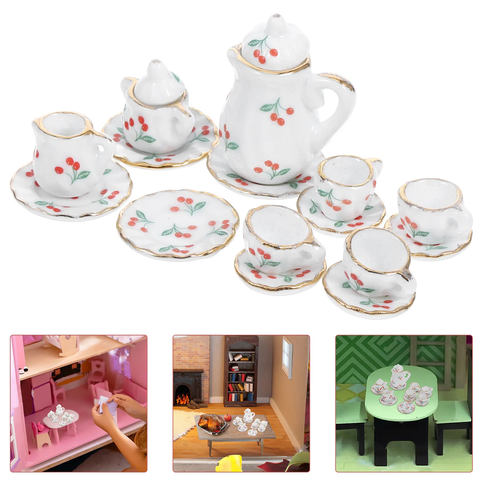 

1Set Miniature Ceramic Tea Set Elegant Teacups Saucers Teapot Realistic Life Filling Decorative Mini Kitchen Accessories