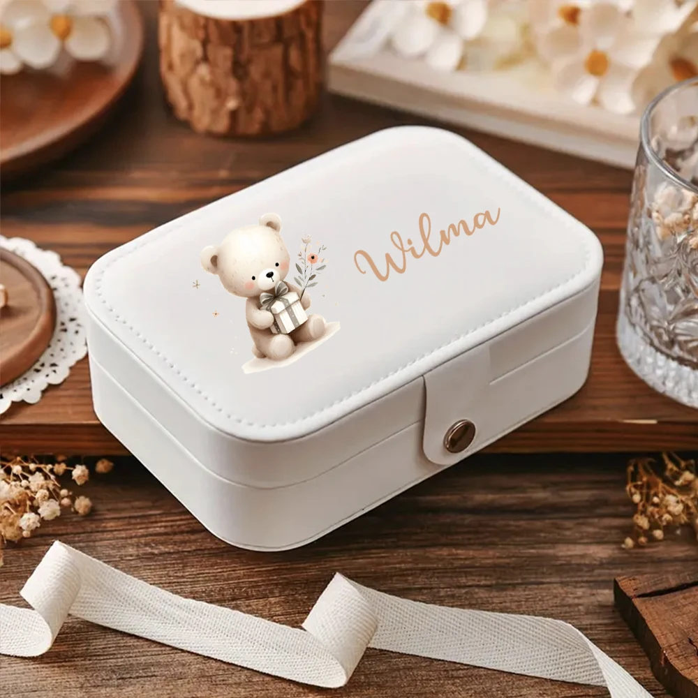 1 customized name jewelry box, cute teddy bear pattern PU leather jewelry box, ring, earring, bracelet, necklace storage box, wo