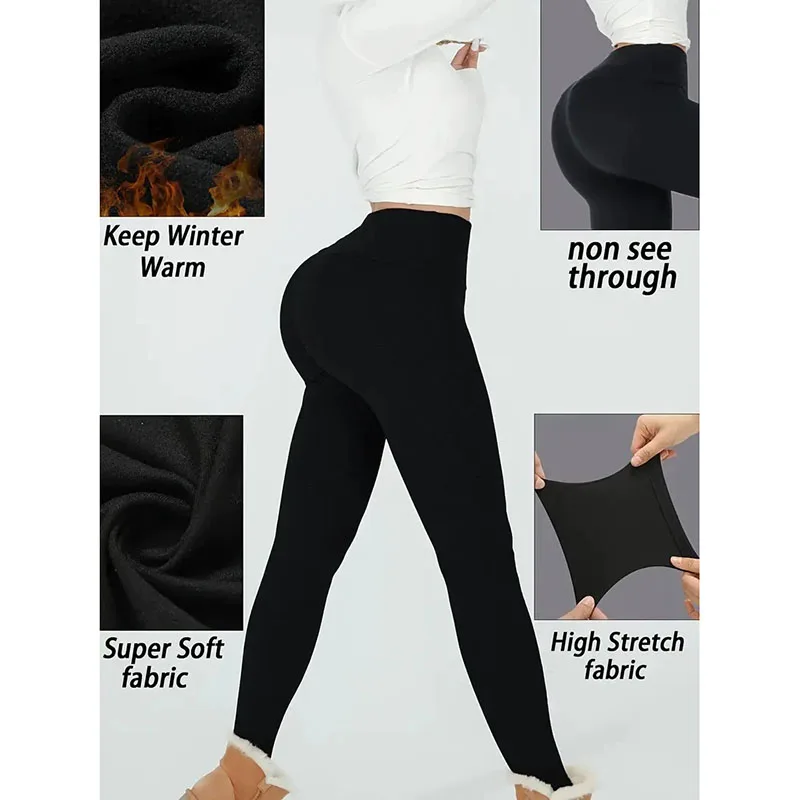 Leggings da donna in pile spesso invernale Collant termici a vita alta con controllo della pancia Leggings da donna in velluto elastico slim fit tinta unita