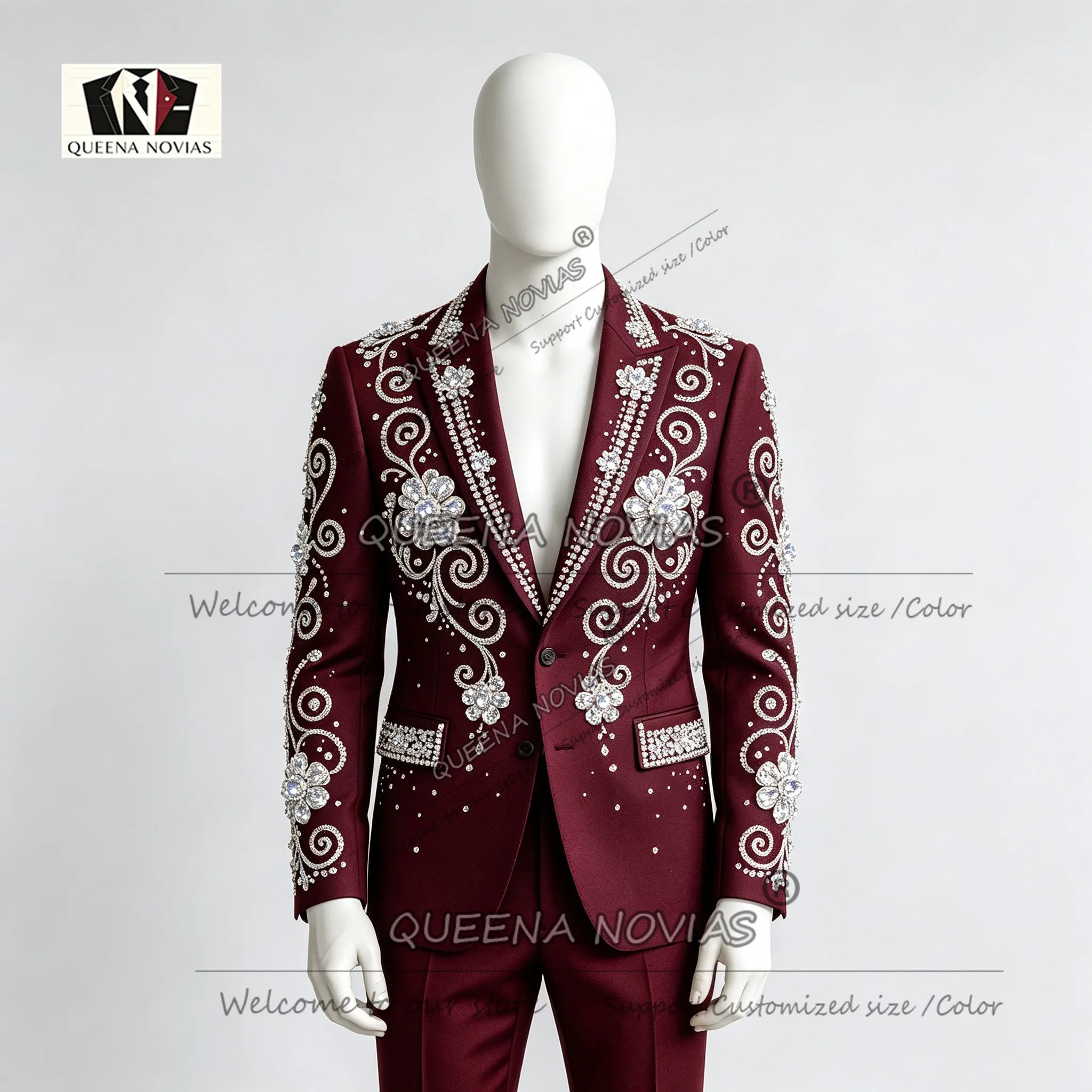 Exclusive Wedding Suit For Man Slim Fit Twinkling Crystals Beading Jacket Pants 2 Pieces Sets Groom Tuxedo Male Fashion Outfits