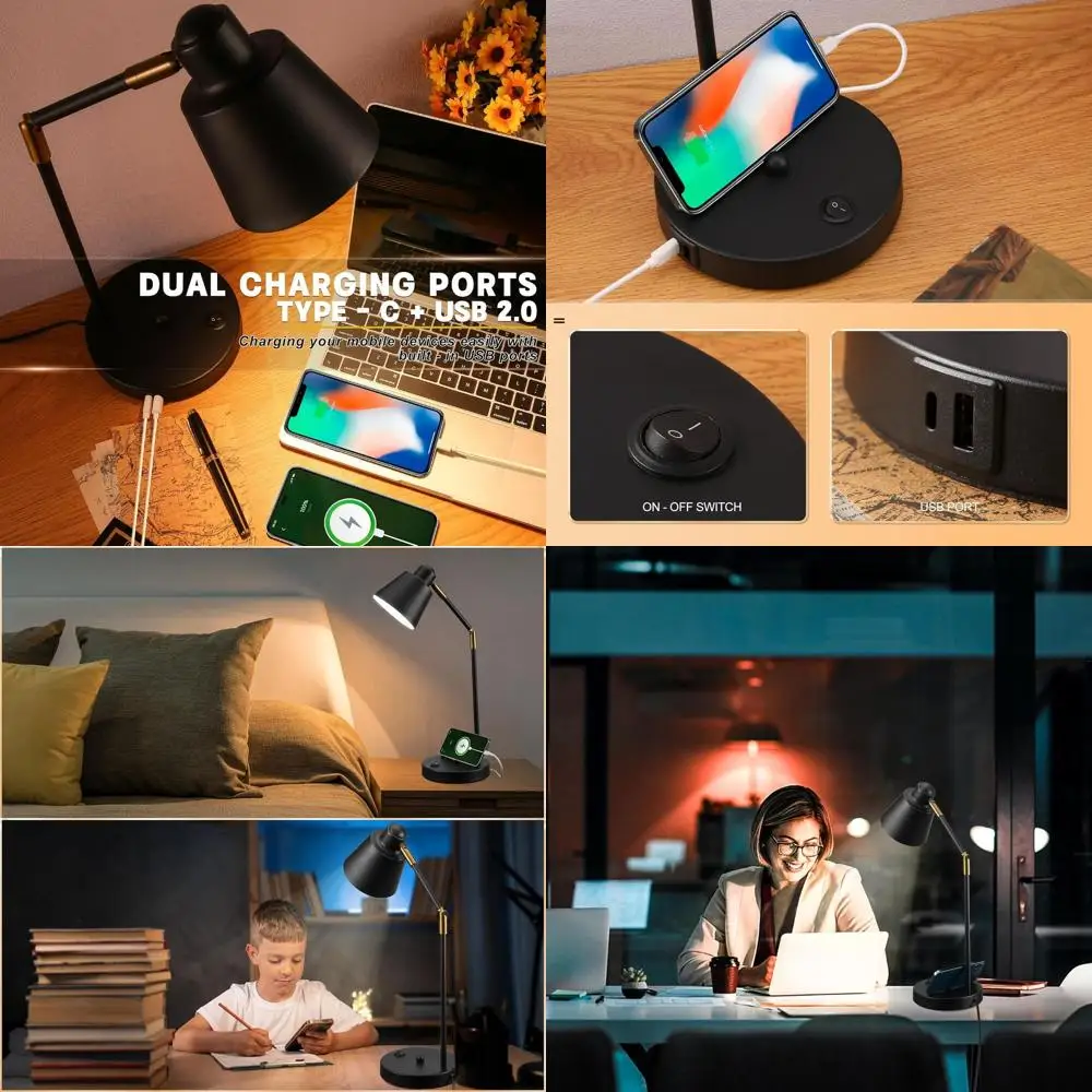 

Металлическая настольная лампа с двумя USB-портами, 270 ° Поворотный светильник, теплый свет 3000K, идеально подходит для чтения и работы в офисе (черный)
