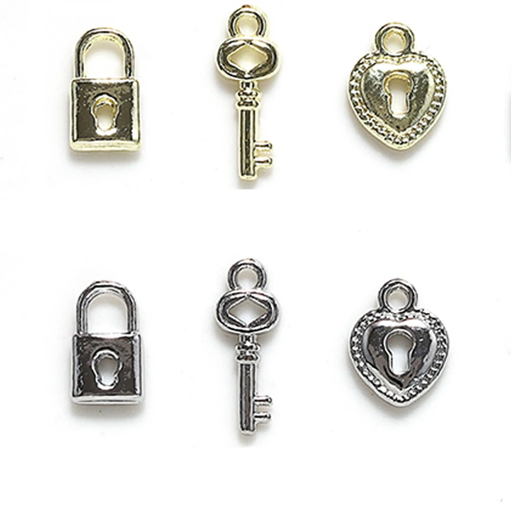10Pcs Złoto Srebro Metalowy klucz do zamka Ozdoba do paznokci Luksusowy klucz do zamka w kształcie serca Biżuteria do paznokci Urok DIY Akcesoria do manicure — zdjęcie 5