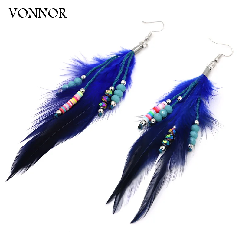 VONNOR Handmade Jewelry Dark Blue Feather Earrings Boho Colorful Clay Crystal Beads String Drop Earrings for Women Friends