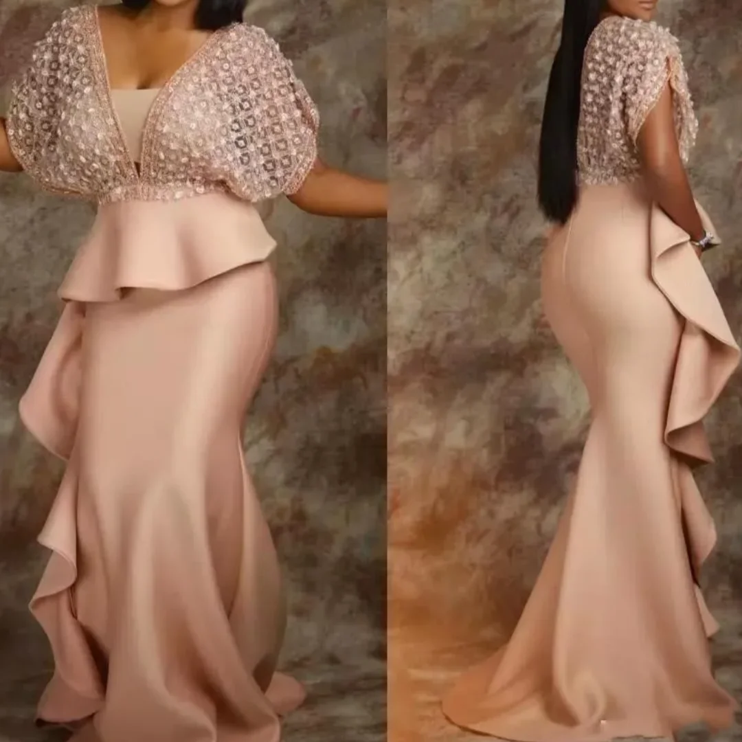 

Pearl Pink Lace Evening Dresses African Saudi Arabic Formal Dress Sheath Prom Gowns Celebrity Gowns