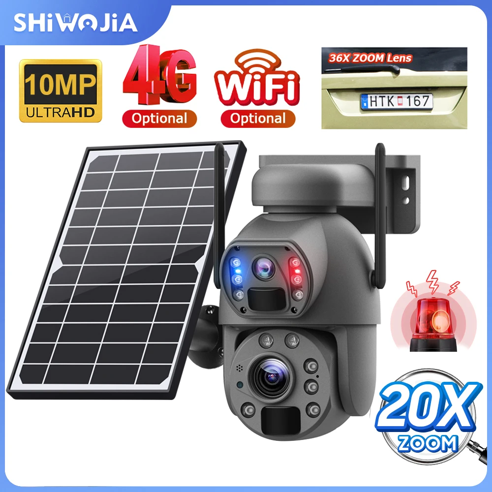 

SHIWOJIA 5K 10MP 20-кратный зум Солнечная камера 4G Sim двойной объектив запись гуманоида отслеживание уличная WIFI камера металлическая водонепроницаемая