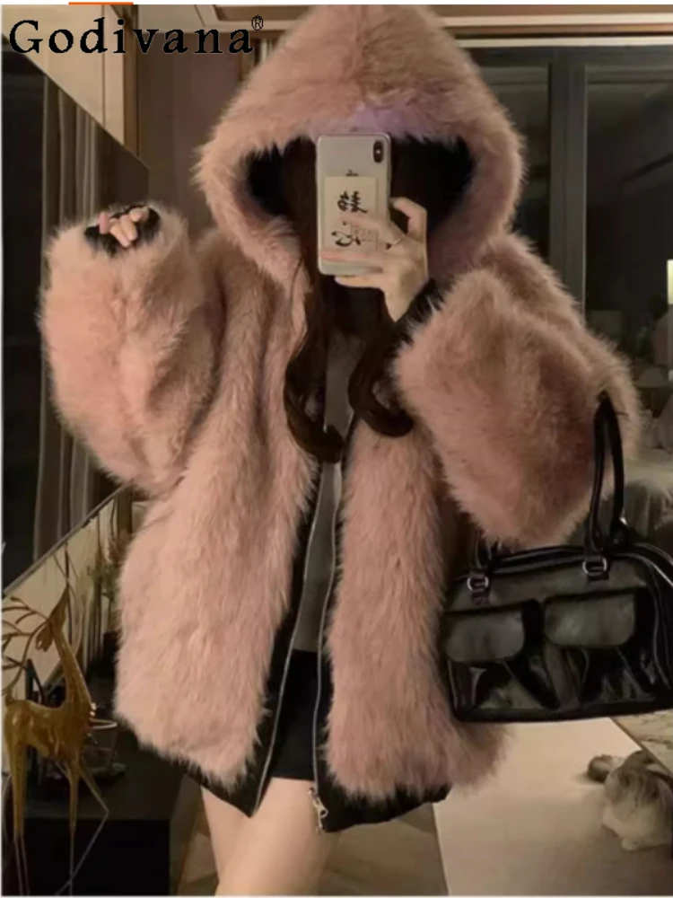 

Autumn Winter Large Size Thickened Double-Sided Wear Quilted Coat Elegant Girl Warm Long Sleeve Hooded Loose Plush Korean Jacket