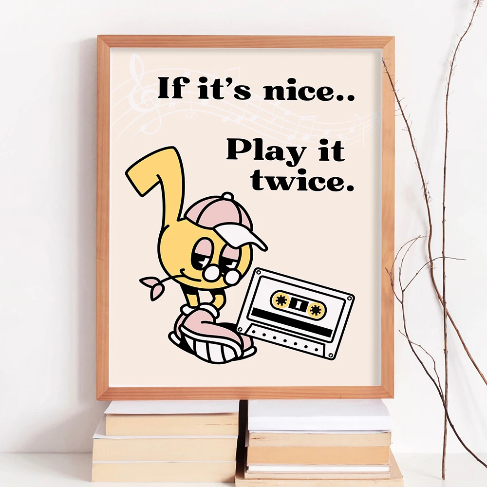 Retro Music Wall Art Quote Poster Print Groovy Trendy Cartoon Music Play It Twice Canvas Painting Room Home Decor