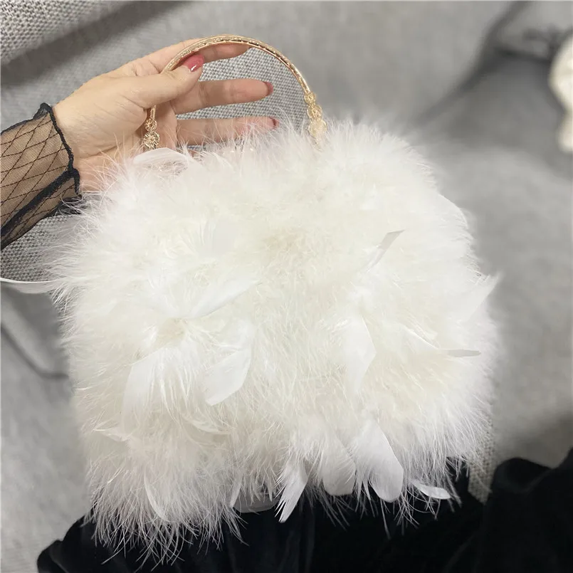 

Trendy Real Ostrich Feather Bag Women's Luxury Crossbody Purses Chain Evening Party Clutch Handbag