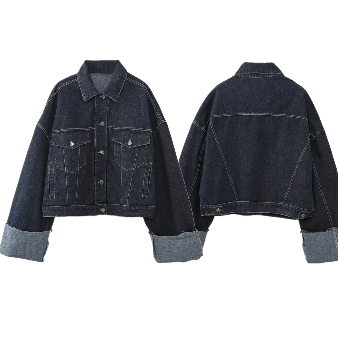 

Withered American Retro Boyfriend Style Fashion Roll Up Retro Loose Denim Jacket Coat Sleeves Loose Short Jacket Women