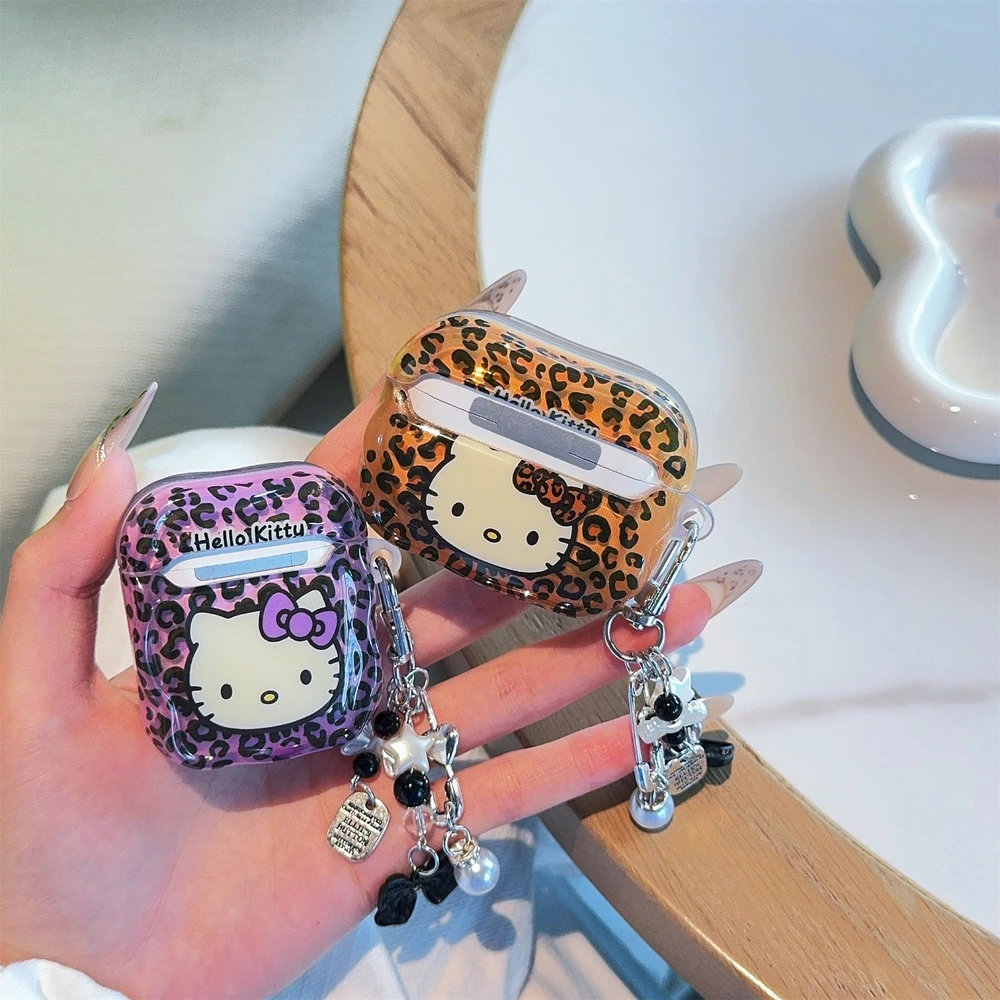 3D süße Sanrio Hello Kitty Leopardenmuster Schleife Kopfhörerhülle für Airpods 4 2 3 1 Pro 2, kabellose Bluetooth-Headset-Schutzhülle