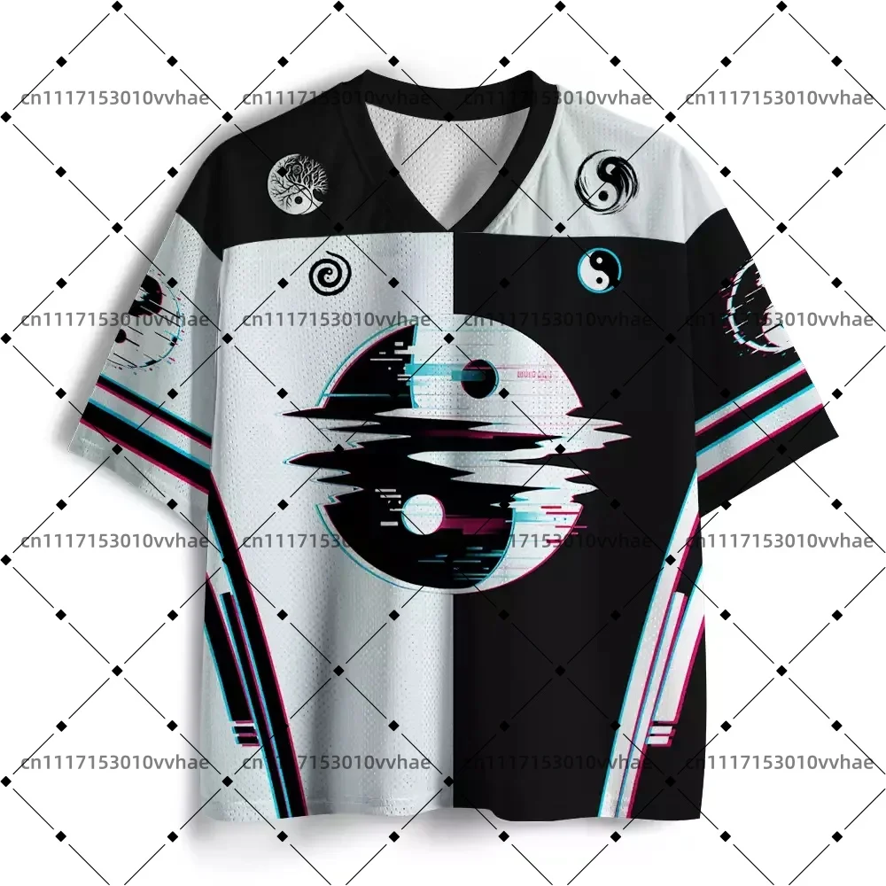 Soulisfree Yin Yang Symbol Mesh Jersey Design Digital Print V-Neck T-Shirt Comfortable Sports Short Sleeve