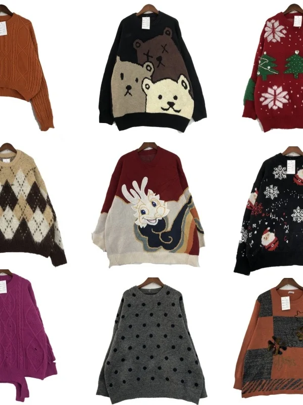 

Vintage Street Sle Woolen Sweater Winter Warmth Cotton Wool Long Sve Crew Ne Cartoon Embroidery ex Faionable