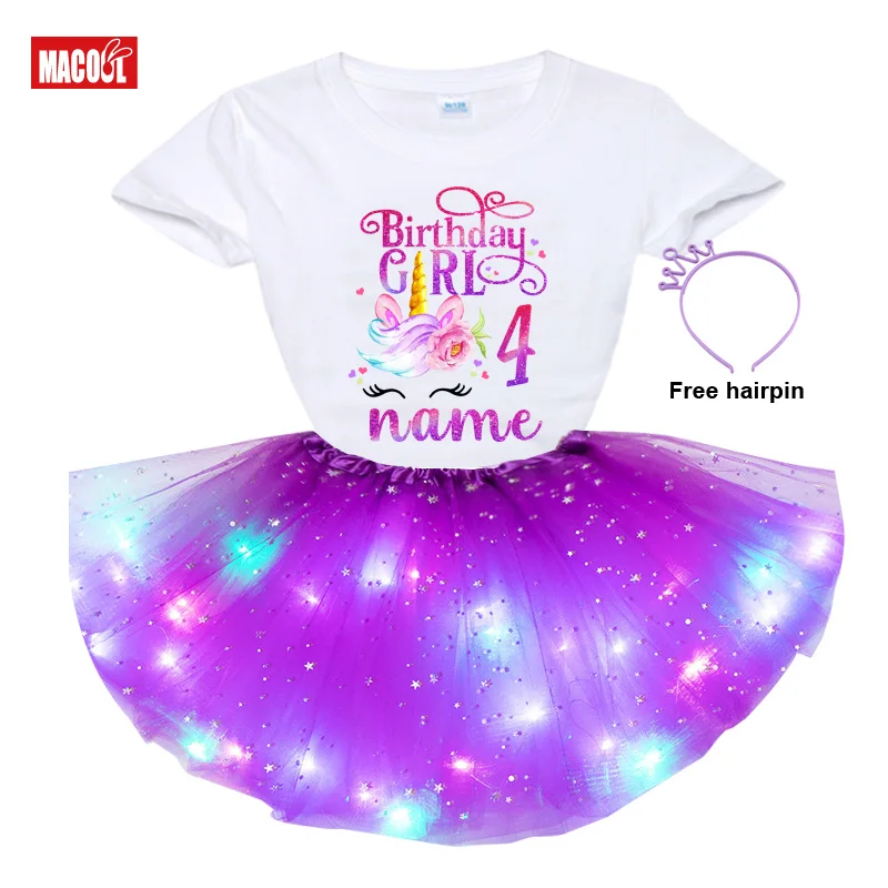 Girls Unicorn Tutu Outfit Birthday Shirt Set Unicorn Shirt for Girls Party Outfits Princess Light Dress+tshirt Dress Custom Name