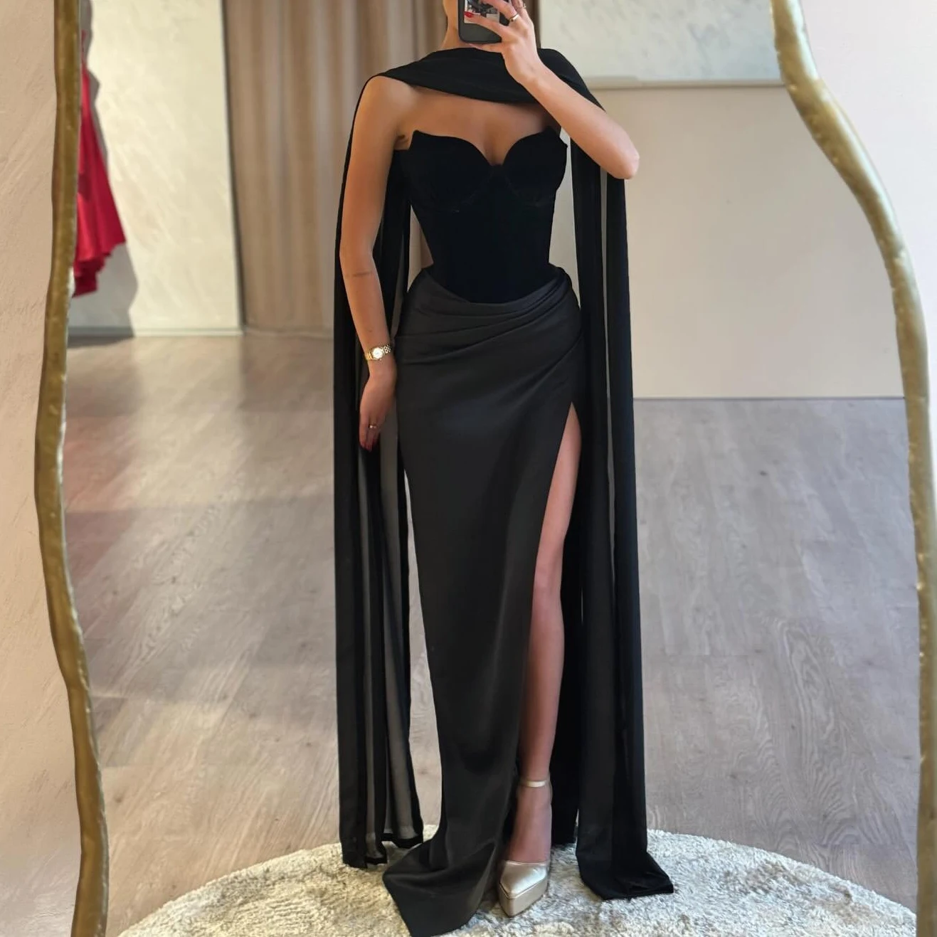 

robe de soiree Black Mermaid Prom Dresses Sweetheart Backless Prom Dresses with scarf Velvet and Satin vestidos de fiesta largos