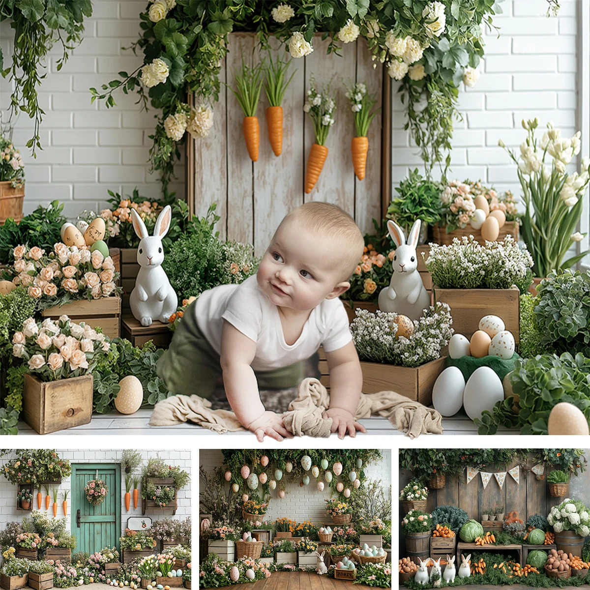 Easter Bunny Carrots Backdrops Kids Baby Photography Birthday Cake Smash Props Colorful Eggs Wooden Cottage Backgrounds