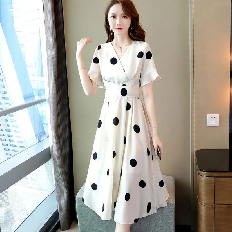 Elegant V-Neck Loose Bandage Polka Dot Midi Dress Women\'s Clothing 2023 Summer New Oversized Korean Flare Sleeve Princess Dress