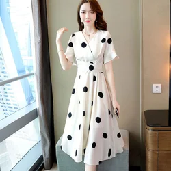 Elegant V-Neck Loose Bandage Polka Dot Midi Dress Women's Clothing 2023 Summer New Oversized Korean Flare Sleeve Princess Dress