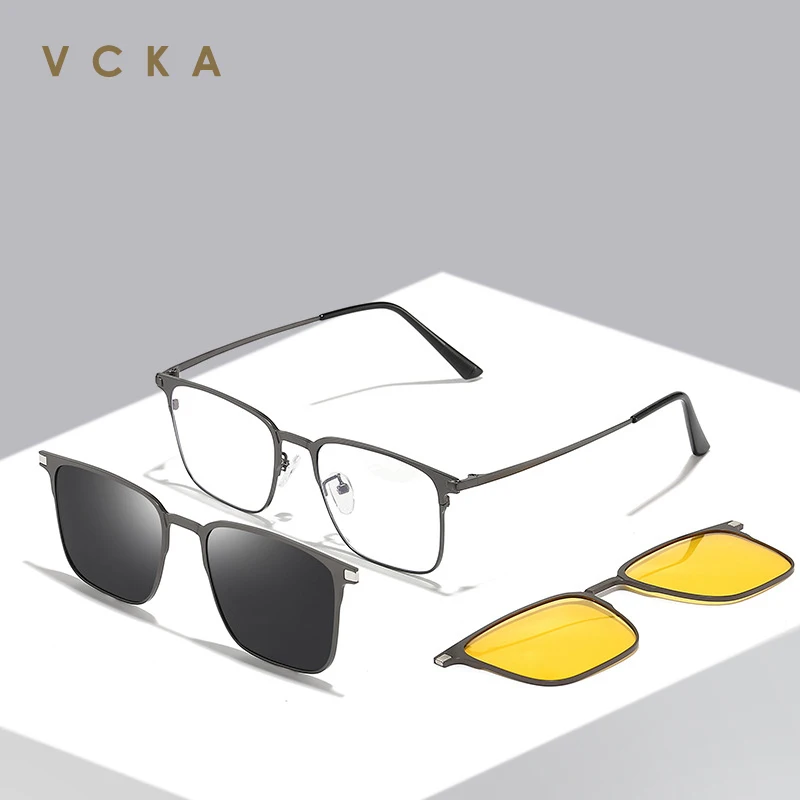 VCKA Square Titanium Magnetic Clip on Sunglasses Men Prescription Polarized Night Vision Magnet Glasses Womnen Myopia Optical