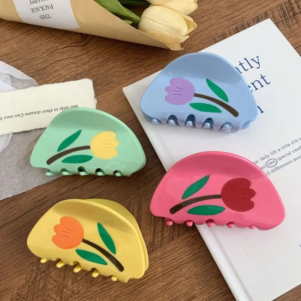 

Creative Rhinestone Tulip Flower Hair Claw Barrette Hairpin Acetic Acid Shark Clip Headwear Geometry Back Head Hair Grab Girls