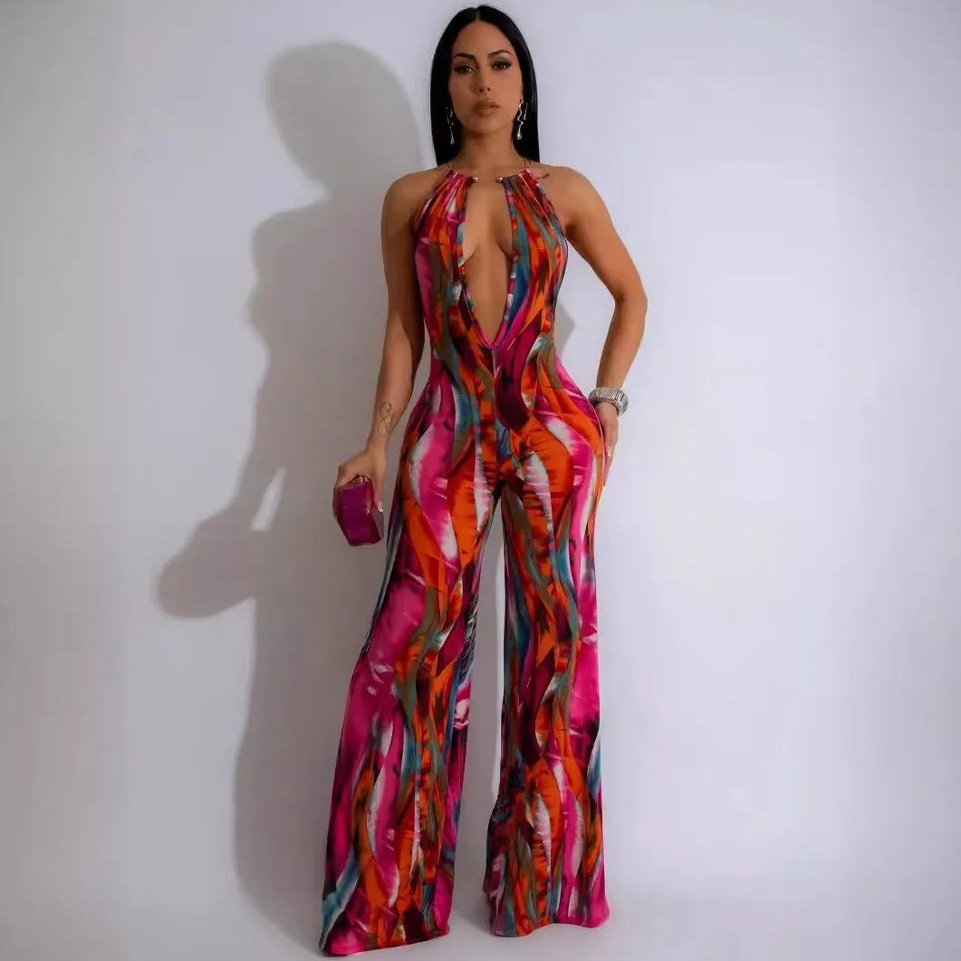 

Women Streamer Spicing Wrap V-Neck Wide Leg Straight Jumpsuit 2023 Summer Sexy Party Evening INS Playsuit One Piece Suit Romper