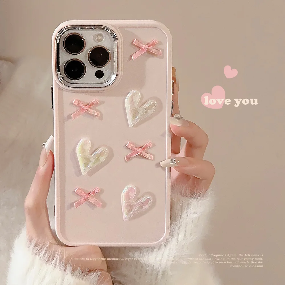 

Pink heart-shaped bow 16 Promax phone case suitable for iPhone 15, electroplated 3D 11, suitable for Apple 13, female 14