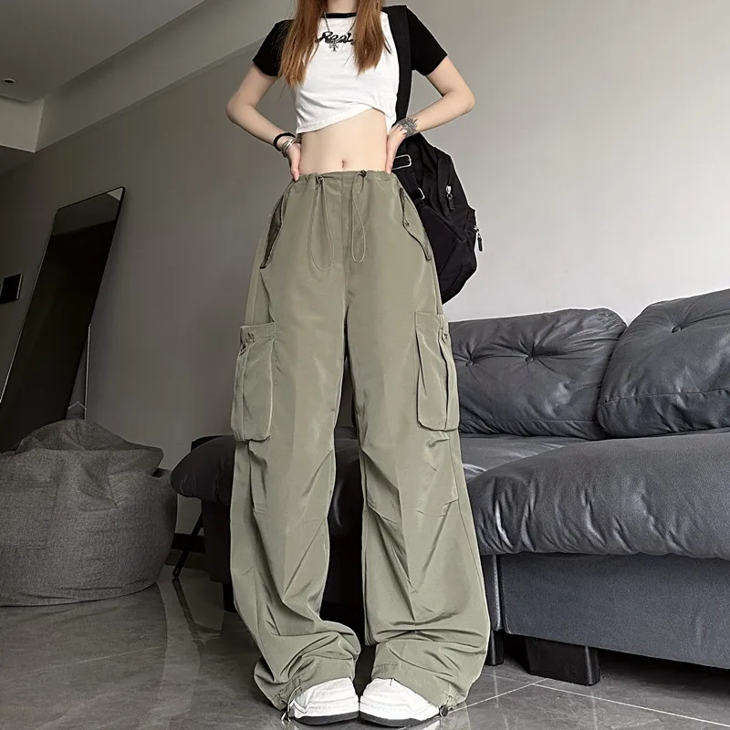 

WCFCX STUDIO American High Street Overalls Women Casual Loose Slim Mopping Pants Y2k Drawstring Design Wide Legs Pants