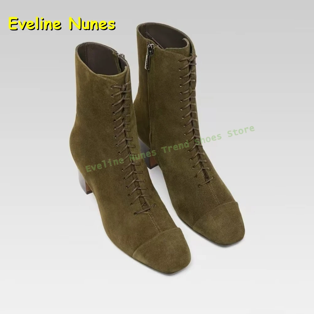 

Зеленые ботинки до середины икры с перекрестной завязкой и квадратным носком на блочном каблуке, однотонные женские модные ботинки с боковой молнией в стиле пэчворк, осень-зима 2024, новый стиль