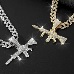 Mens Womens Crystal Gun AK47 Pendant Necklace Punk Hip Hop Rap Cuban Chain Necklace Jewelry Gift