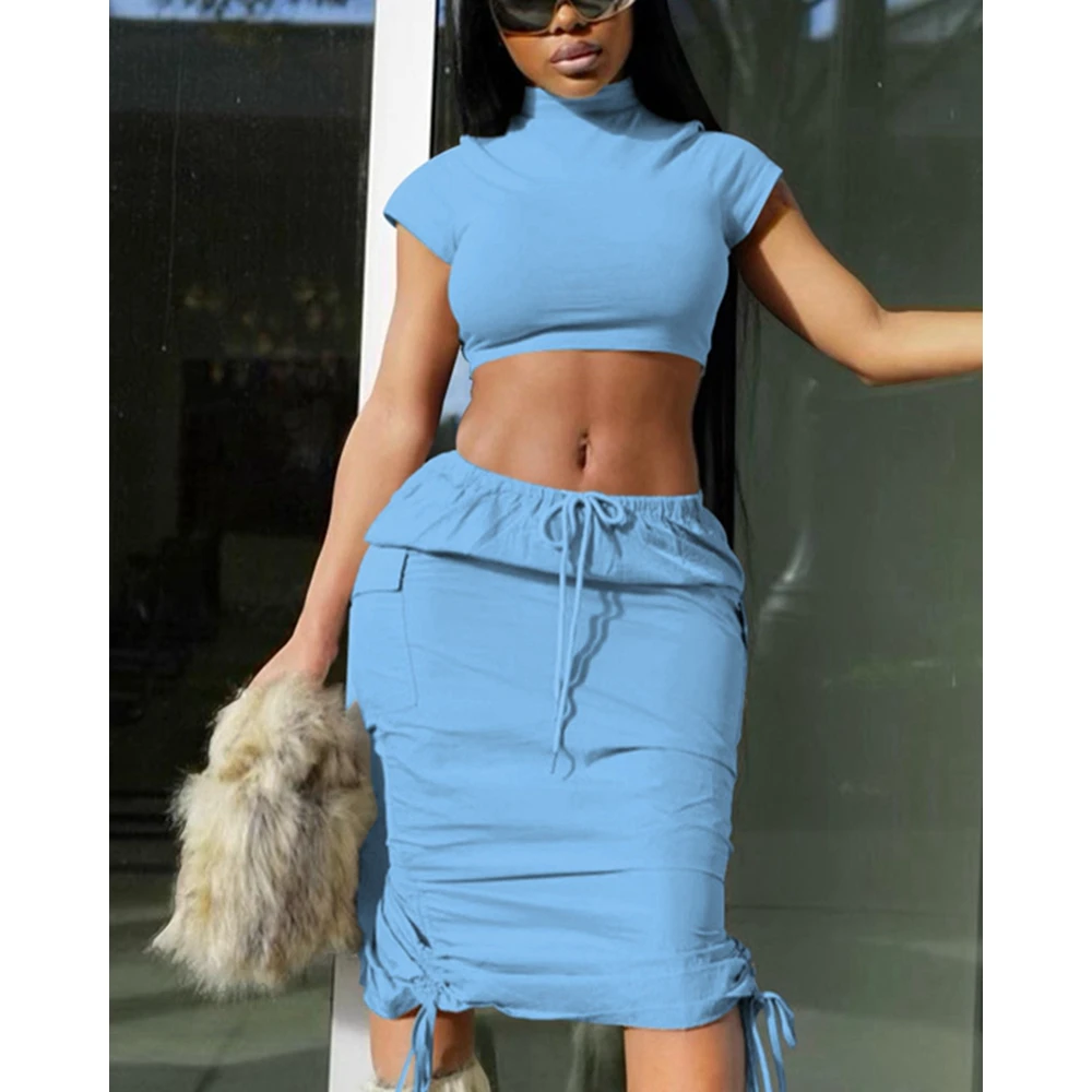 

Women's Camouflage Print Short Sleeve Crop Top and Drawstring Midi Skirts Set Female Two Pieces Streetwear Y2K Summer Fashion