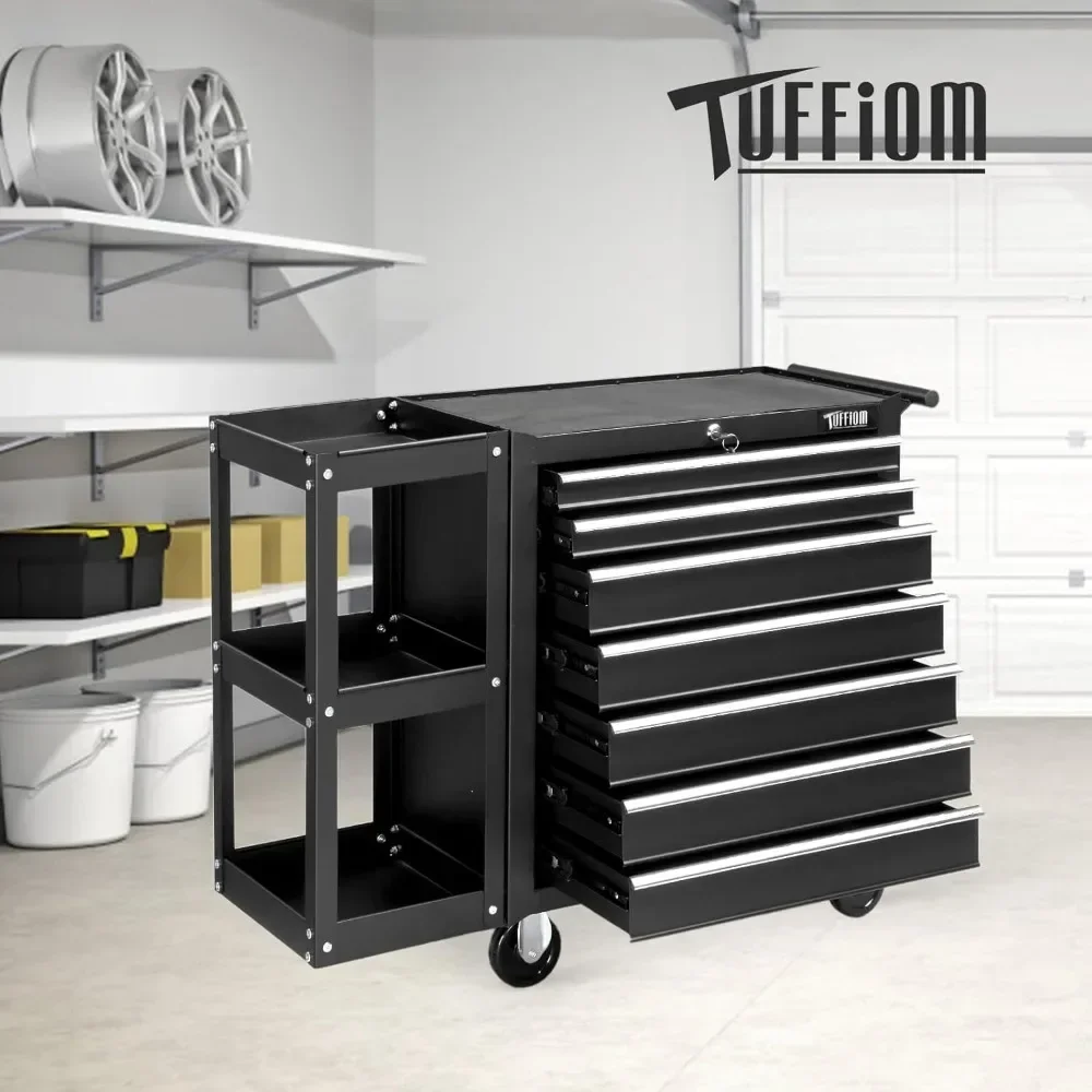

7-Drawer Rolling Tool Chest: Lockable Cabinet with Side Shelves, Top Cushion & Drawer Liners​