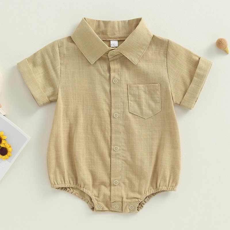 Newborn Baby Boy Cotton Linen Romper Solid Color Lapel Short Sleeve Shirt Romper Button Up Bodysuit with Pocket