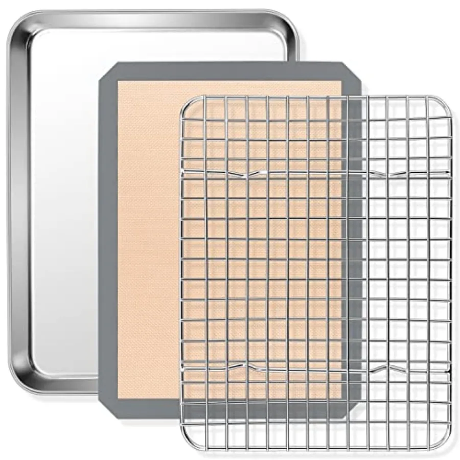 

Toaster Oven Pan with Grid Rack and Silicone Mat, Staless Steel Toaster Oven Tray Bakg Pan with Coolg Roastg Rack, Dishwasher S