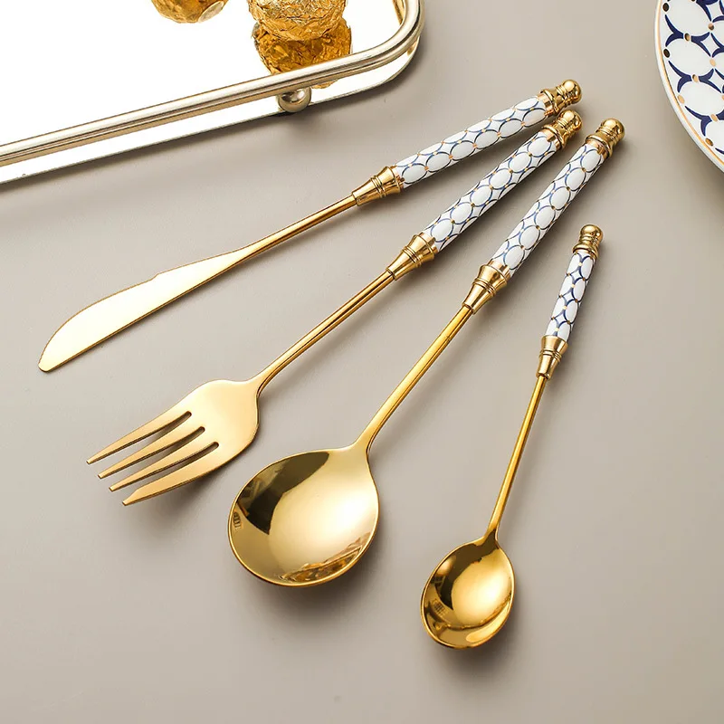 Luxury Mirror Gold Western Tableware with Porcelain Handle High-grade Stainless Steel Cutlery Knife Fork Spoon Dinnerware Set