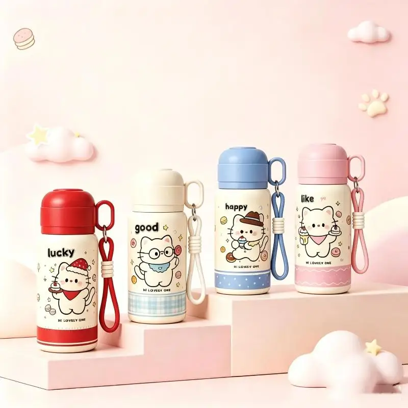 Cute Cartoon Cat Printed Stainless Steel Insulated Water Bottle With Portable Strap 12H Heat Retention For Kids School Outdoor