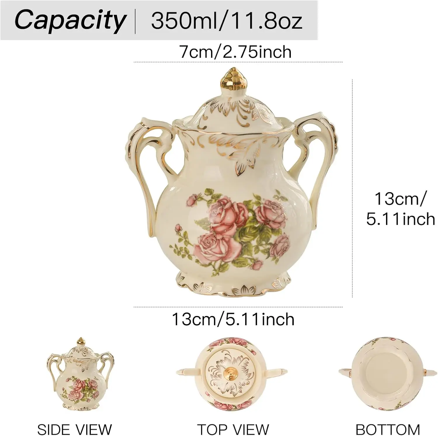 Ivory Porcelain Creamer and Sugar Set, Vintage Floral Milk Jug and Sugar Bowl Set, Ceramic Flower and Gold Leaves Edge