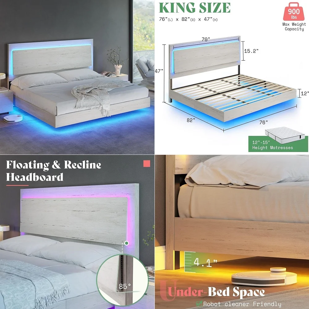 

King Floating Bed Frame, Farmhouse Bed Frame with Recline Headboard, No Box Spring Needed Noise Free, Platform Bed with LED Lig