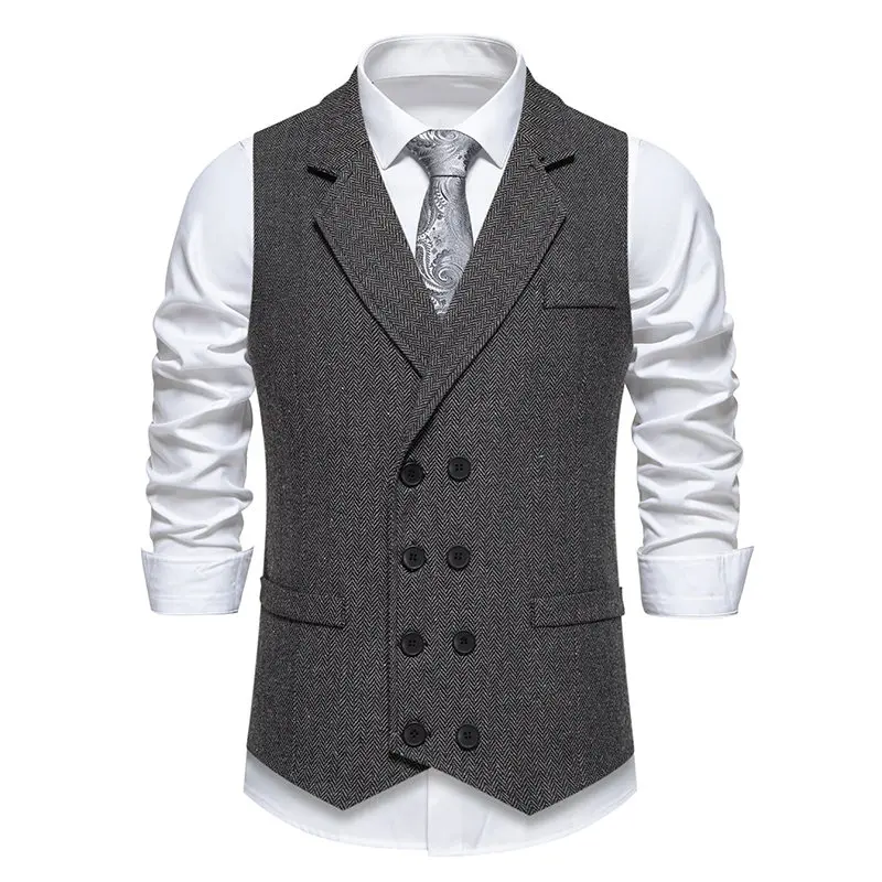 New Men\'s Smart Casual Suit Vests Vintage Solid Color Double Breasted Turn Down Collar England Style Waistcoat Men Slim Fit Vest