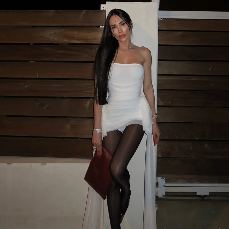 2023 sommer Neue Ärmellose Bh-träger Kurze Frauen Slim Fit Sexy Kleid Mesh Verstärktes Mini Kleid Weibliche Party Abendkleid