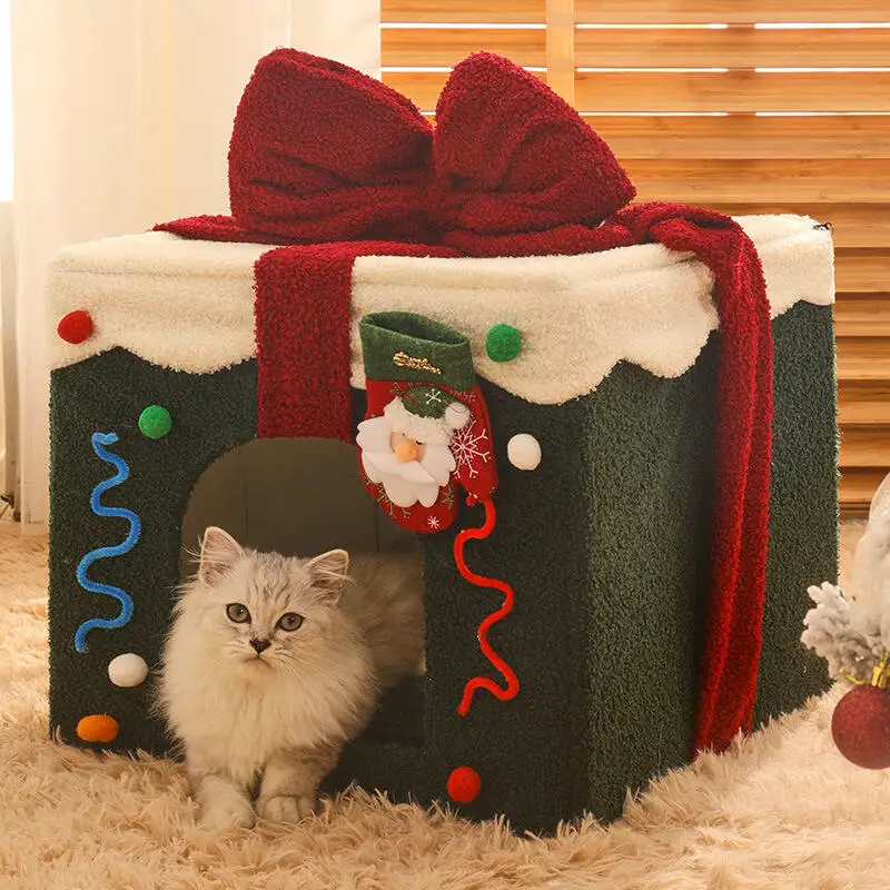 Christmas cat litter Christmas gift box Dog litter Keep warm Semi-enclosed kitten house Pet litter Bed