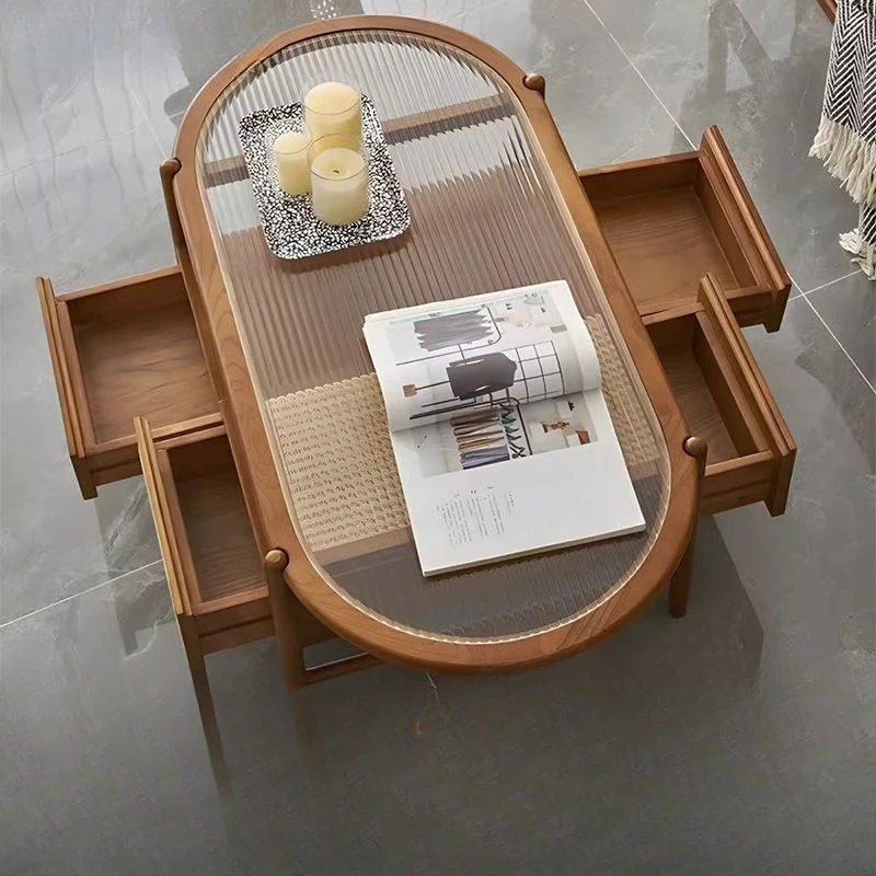 Light Luxury Solid Wood Rattan Combination Changhong Glass Double Layer with Drawers Round Home Living Weaving