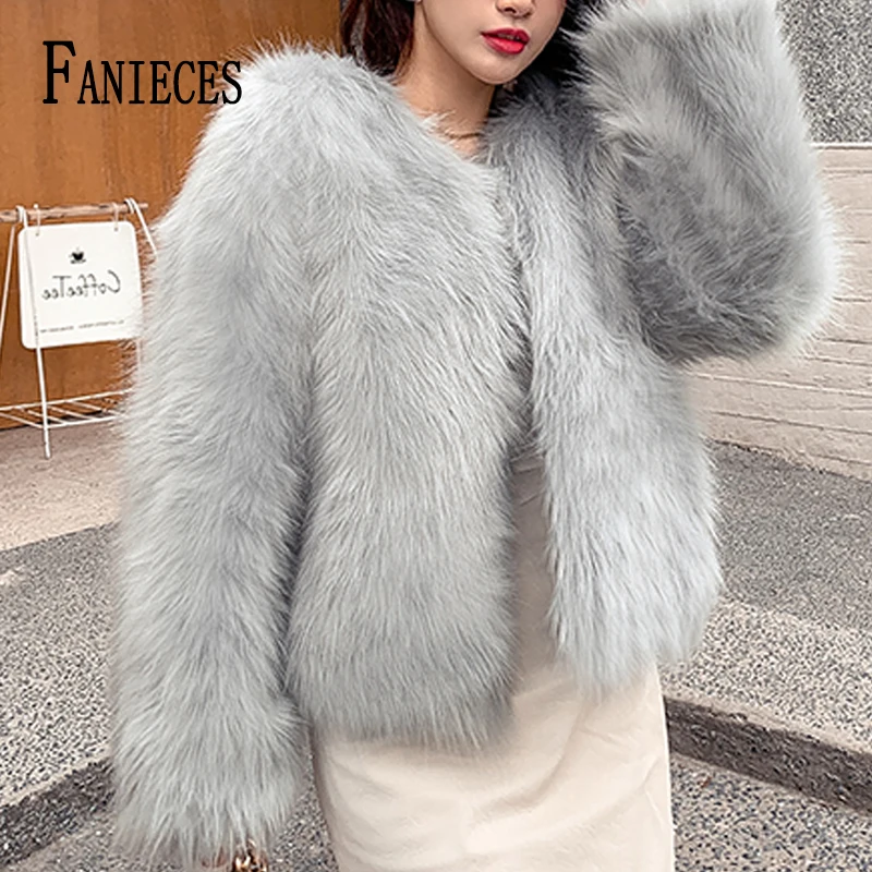 FANIECES High Quality Artificial Fur Coat Women Winter Collarless Fluffy Artificial Fur Outerwea Loosert Luxury Faux Fur Jackets