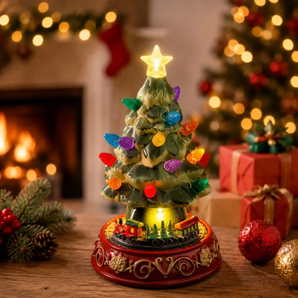 Décoration de Noël : Village de Noël en céramique lumineux à LED avec train rotatif, ornement de table de Noël pour la maison