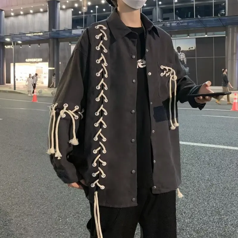 

Korean Style Lace Up Design Personalized Y2k Streetwear Loose Long Sleeved Shirt for Men Spring Autumn Fashion Men's Shirts Coat