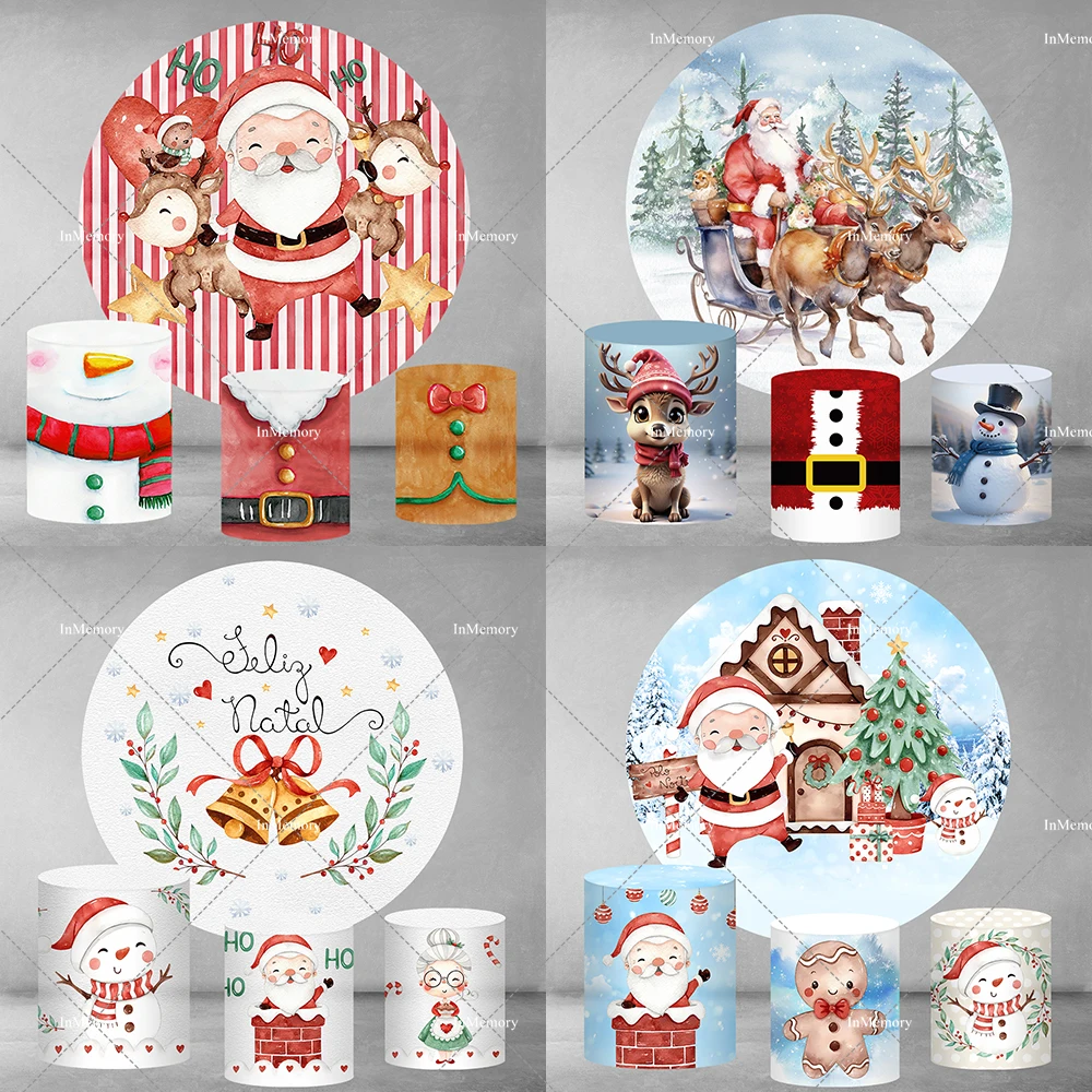 Christmas Day Round Backdrop Cover Cartoon Santa Claus Christmas Tree Snowfield Circle Background Reindeer Snowman Plinth Covers