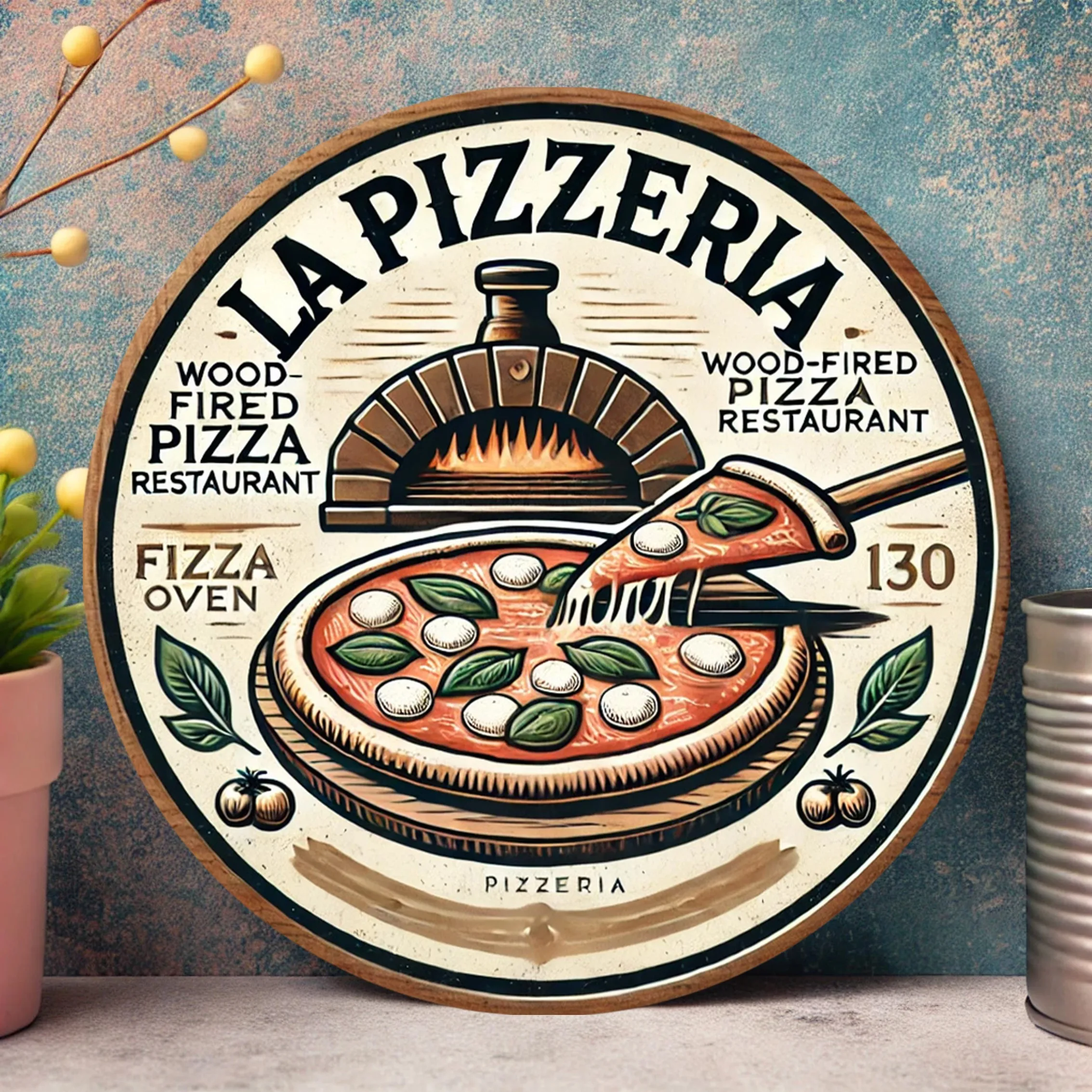 2D Flat, 1pc La Pizzeria Round Metal Pizza Sign Rustic Wood-Fired Pizza Art Wall Decor, Vintage Kitchen Sign with Pre-Drilled