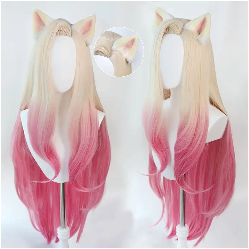 LOL KDA Baddest Ahri Cosplay Wig with Ears Heat Resistant Synthetic Hair Blonde Mixed Pink Heat Resistant Hair Wigs   Wig Cap