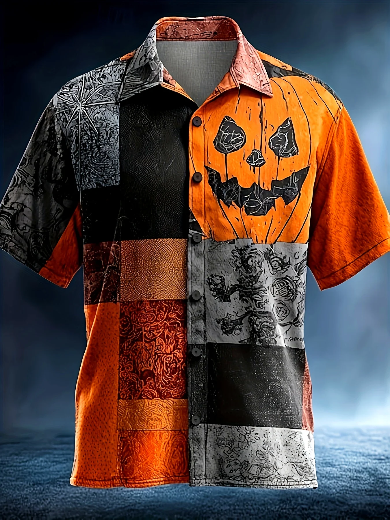 Men's Patchwork Grunge Jack O Lantern Pumpkin Print Short Sleeve Lapel Shirt Halloween Street Party Casual Top